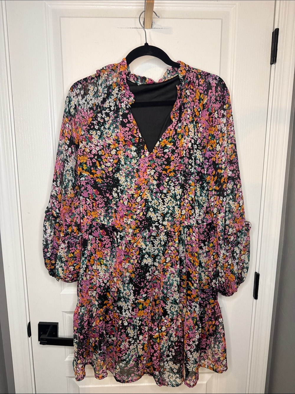 Vince Camuto Black Multi Floral Tiered Mini Dress